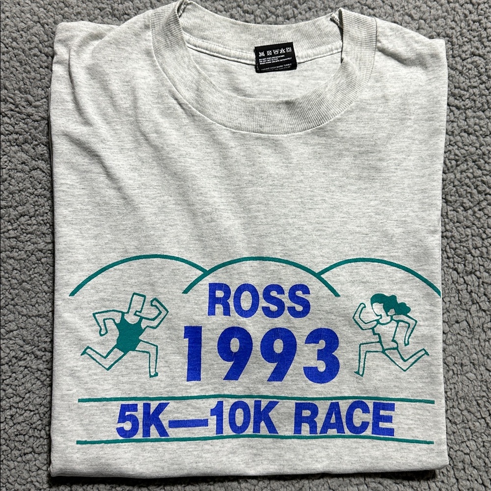 Vintage 1993 Ross 5K 10K Race T-Shirt Gray Graphic Tee XL Fruit of the Loom XL